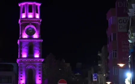 Meme kanseri farkındalığı için Çanakkale'nin Saat Kulesi ve Truva Atı, pembe renkte ışıklandırıldı